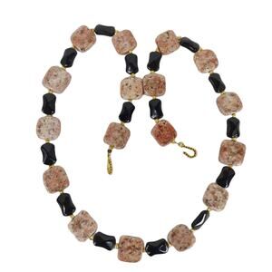 Vintage Speckled Jasper & Black Tourmaline Stone 22" Necklace, Estate Jewelry